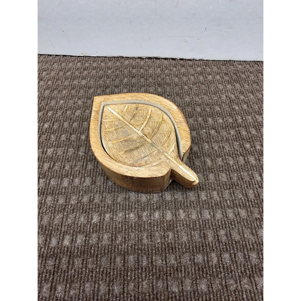 Vintage Wooden Leaf Coaster Set with Holder 4 Piece Natural Wood Carved Design